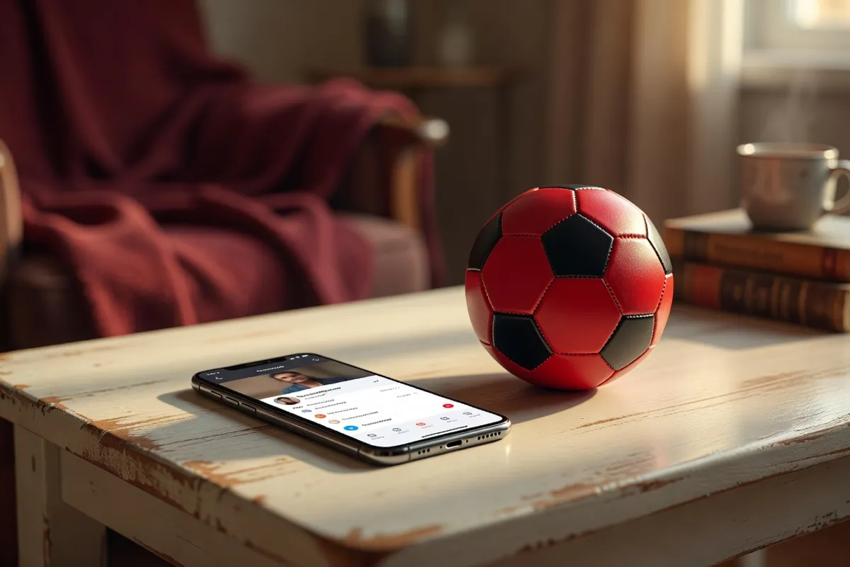 Un téléphone affichant une application de rencontre posé sur une table près d'un ballon de football miniature, ambiance décontractée