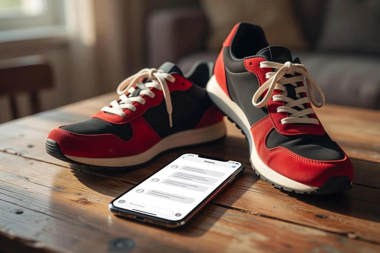 Un smartphone affichant une interface de messagerie générique posé sur une table près d'une paire de chaussures de sport, ambiance décontractée