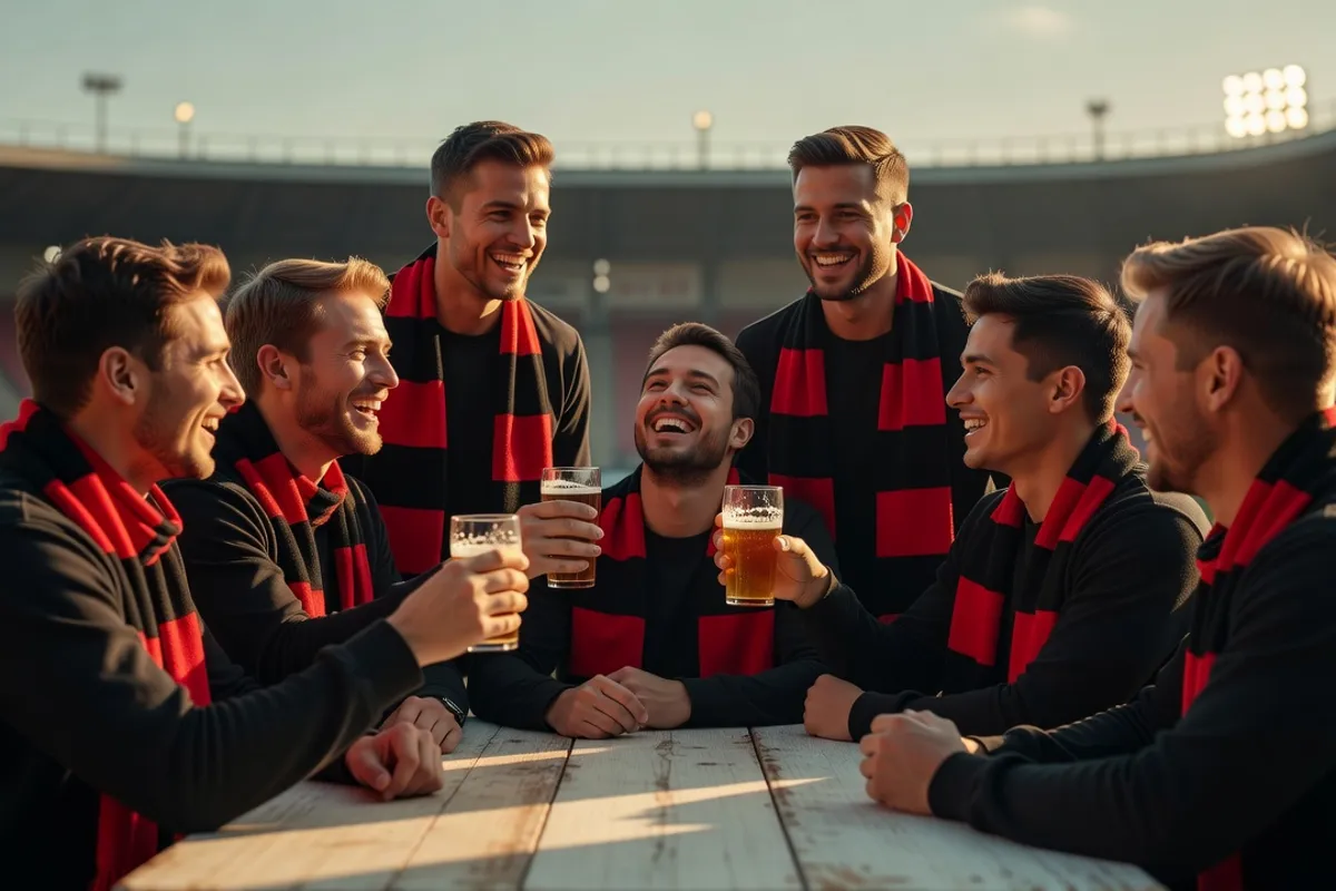 Un groupe de supporters partage un moment convivial autour d'une table avant un match, écharpes rouge et noire, ambiance chaleureuse