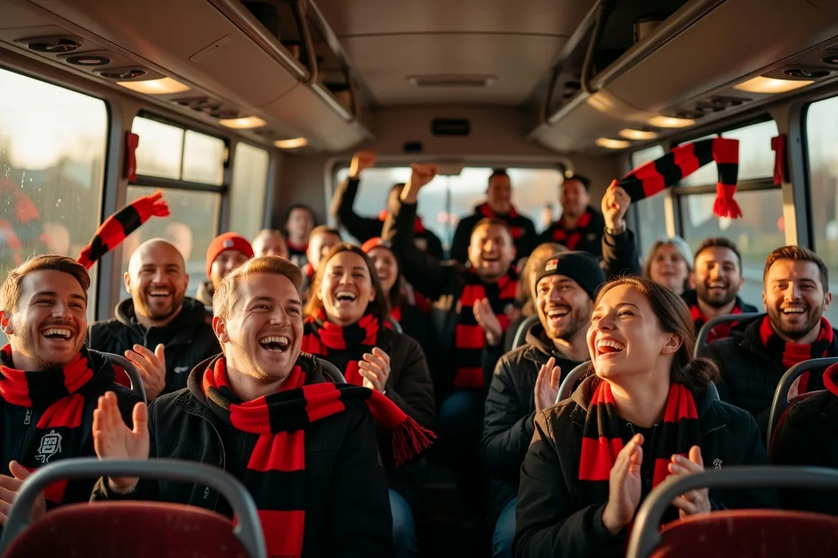Un groupe de supporters dans un bus, écharpes rouge et noire, ambiance de déplacement collectif joyeux