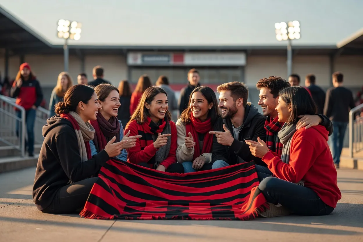 Un groupe de supporters souriants discutant chaleureusement autour d'une écharpe rouge et noire dépliée, ambiance accueillante