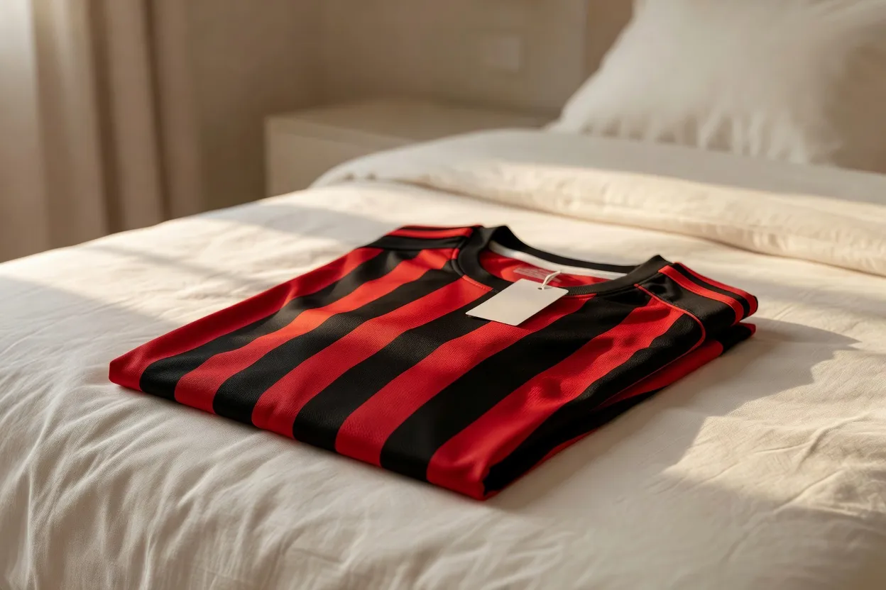 Un maillot de football rouge et noir plié sur un lit, avec son étiquette de prix