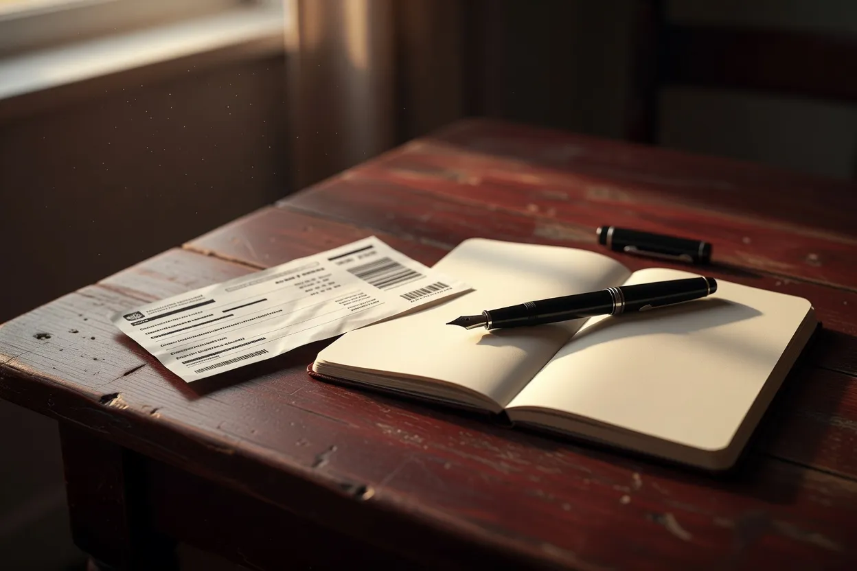 Un billet de train, un carnet de notes et un stylo sur une table en bois