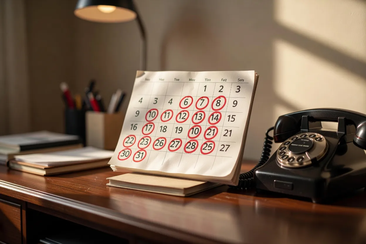 Un calendrier mural avec plusieurs dates entourées en rouge, près d'un téléphone sur un bureau