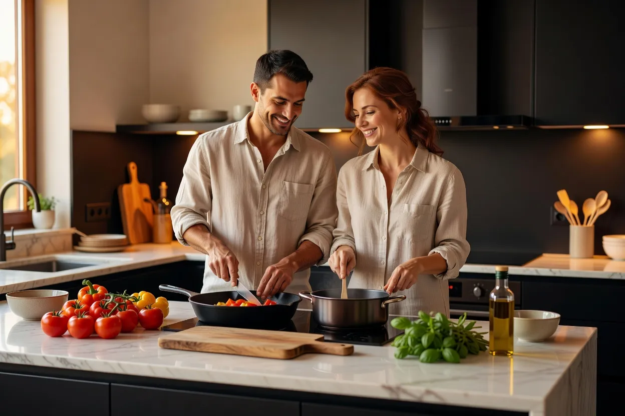 Un couple souriant prépare un repas ensemble dans une cuisine, sans écran visible