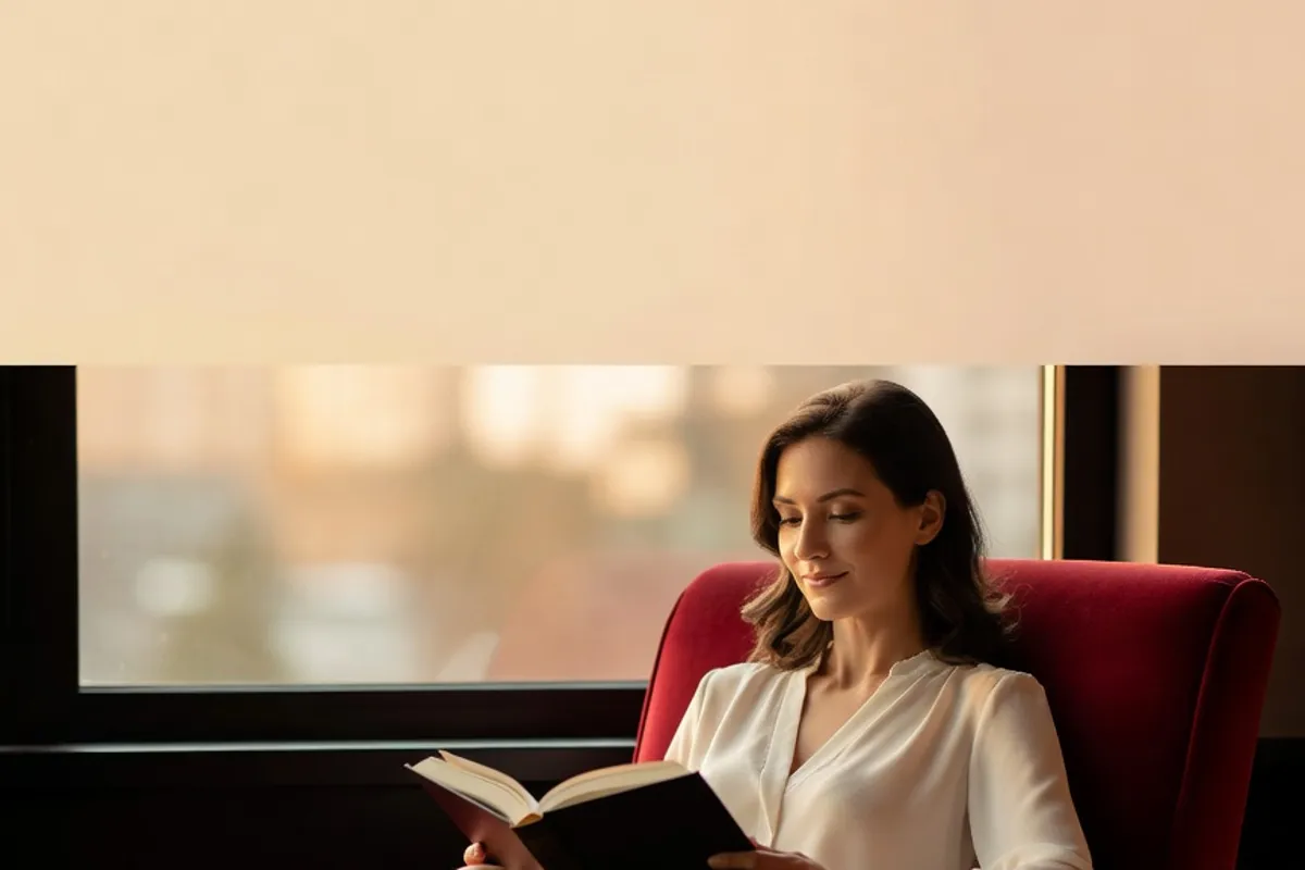 Une femme assise près d'une fenêtre lit un livre dans un fauteuil.
