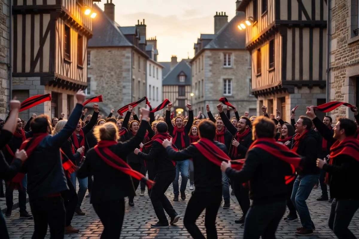 Une foule stylisée célébrant dans une rue pavée du centre historique de Rennes, ambiance de fête, écharpes rouge et noire, lumière du soir