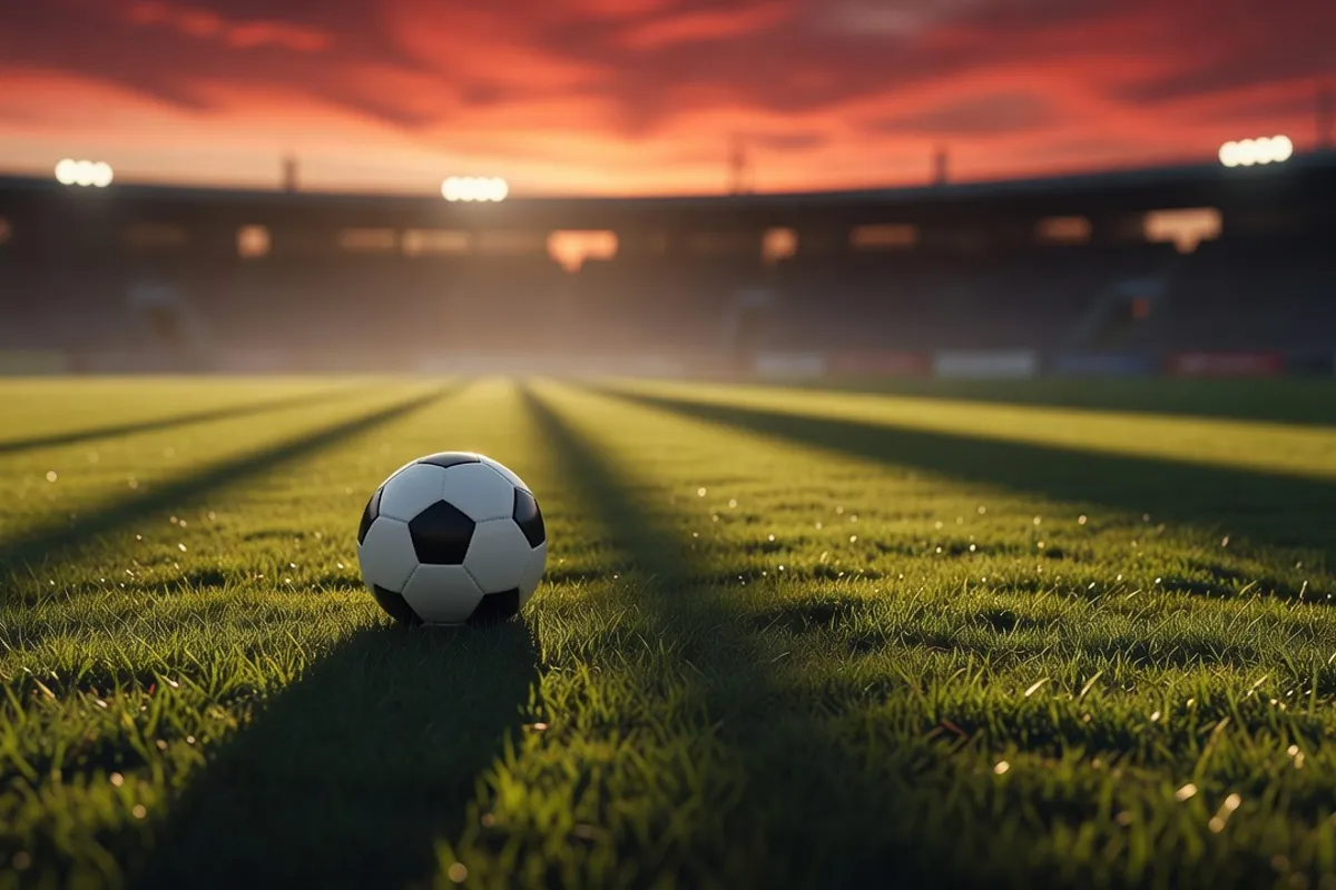 Un ballon de football posé sur l'herbe d'un stade au coucher du soleil, ombre longue, ambiance victoire