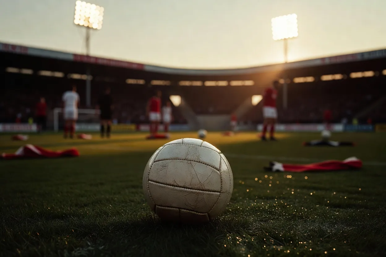 Un vieux ballon de football en cuir posé sur une pelouse humide, ambiance match de coupe des années 1960