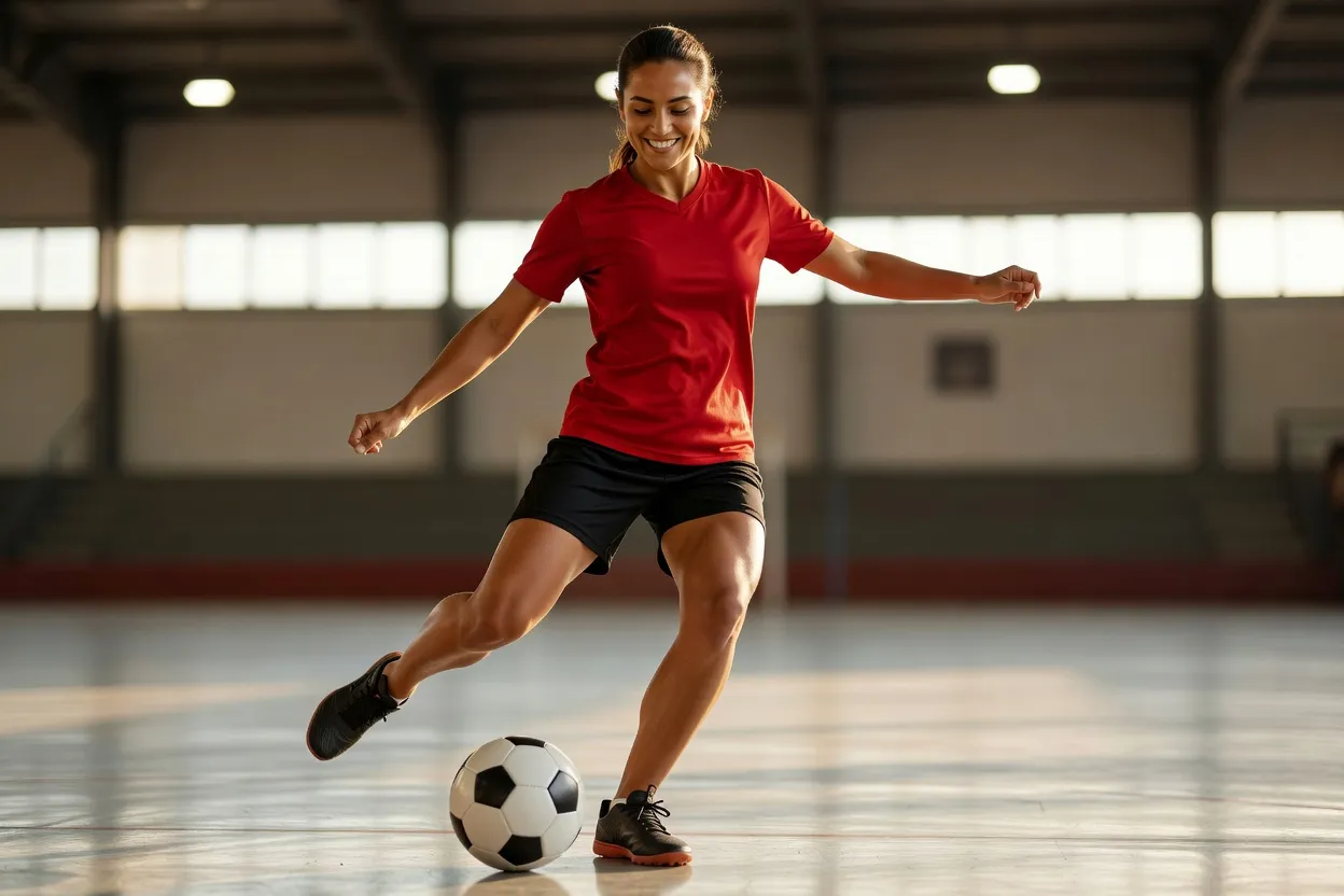 Une femme souriante en tenue de sport frappe un ballon sur un terrain en salle