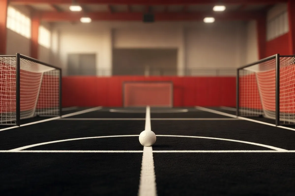 Un terrain de foot en salle vide, avec deux buts et un ballon au centre