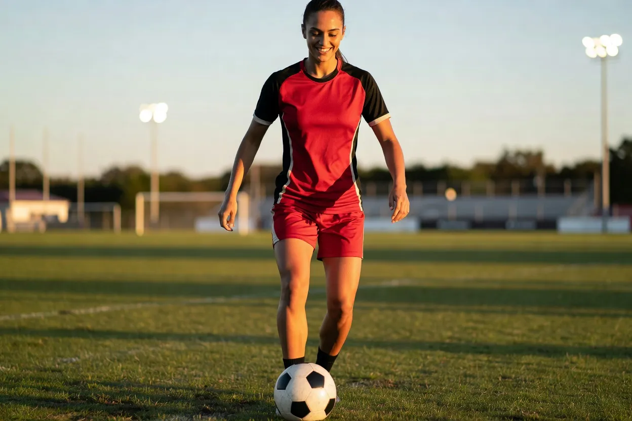 Une joueuse de football souriante s'entraîne seule avec un ballon sur un terrain extérieur