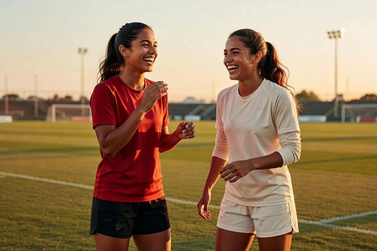 Deux jeunes femmes rient et discutent au bord d'un terrain de football après l'entraînement
