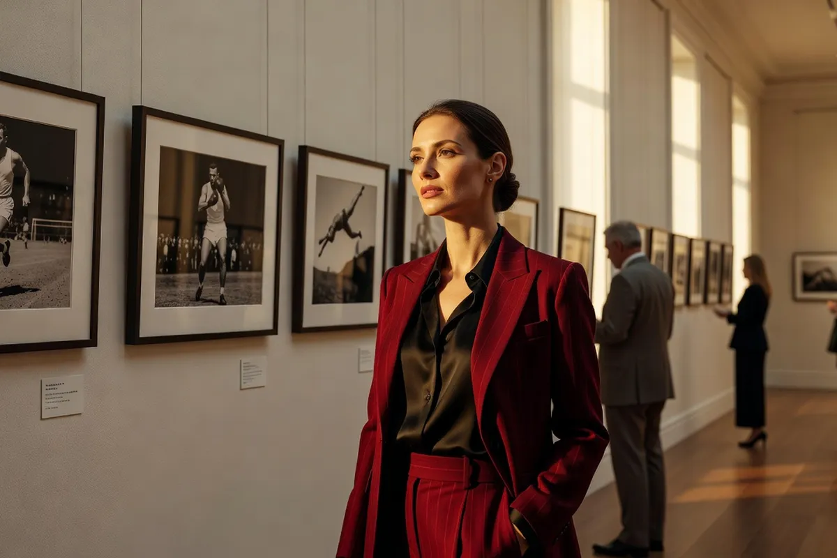 Une femme élégante en tailleur rouge observe des photographies sportives d'archives en noir et blanc dans une galerie de musée