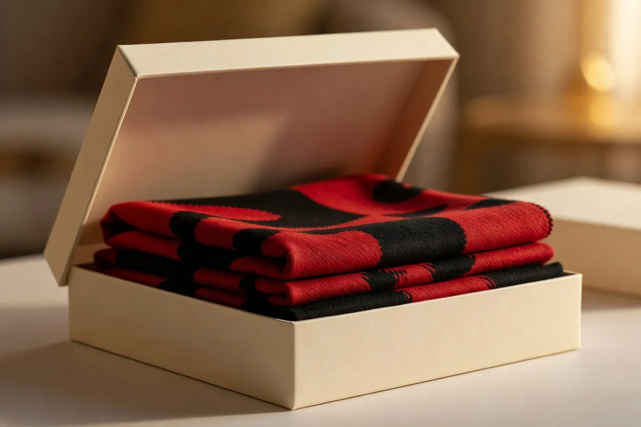 Une écharpe rouge et noire soigneusement pliée dans une boîte cadeau ouverte