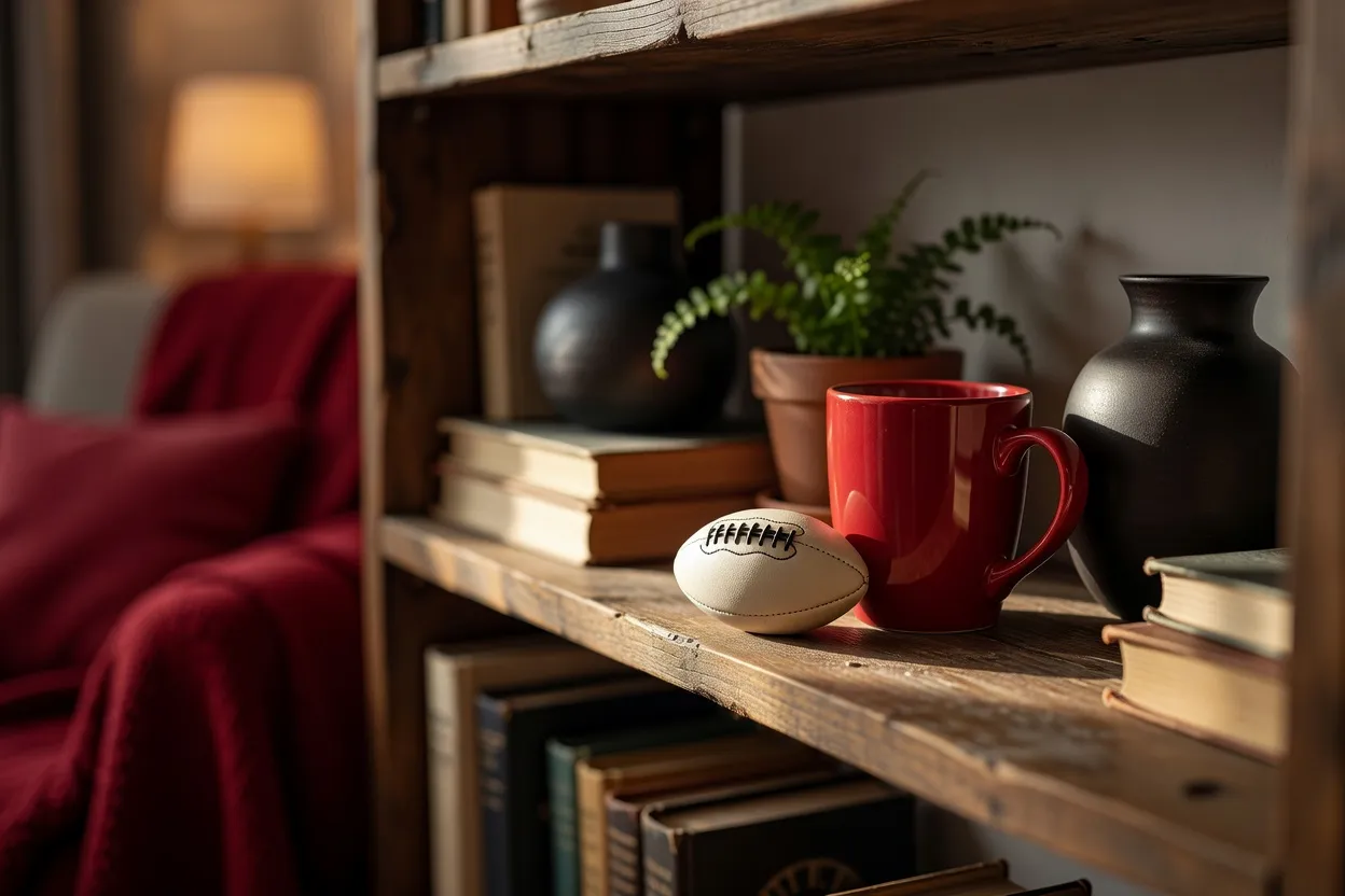 Un mug et un ballon de football miniature parmi des objets décoratifs sur une étagère
