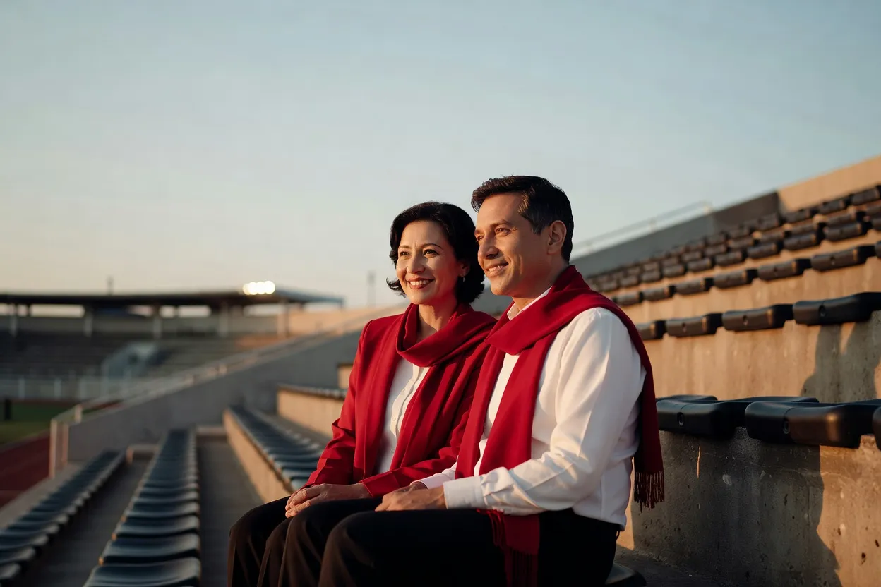Un couple souriant est assis côte à côte dans les gradins d'un stade extérieur