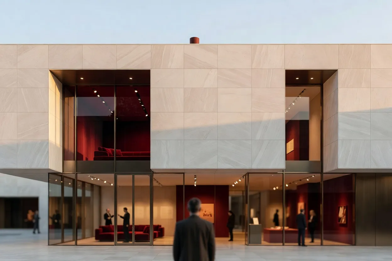 Façade en pierre claire d'un musée moderne aux grandes baies vitrées