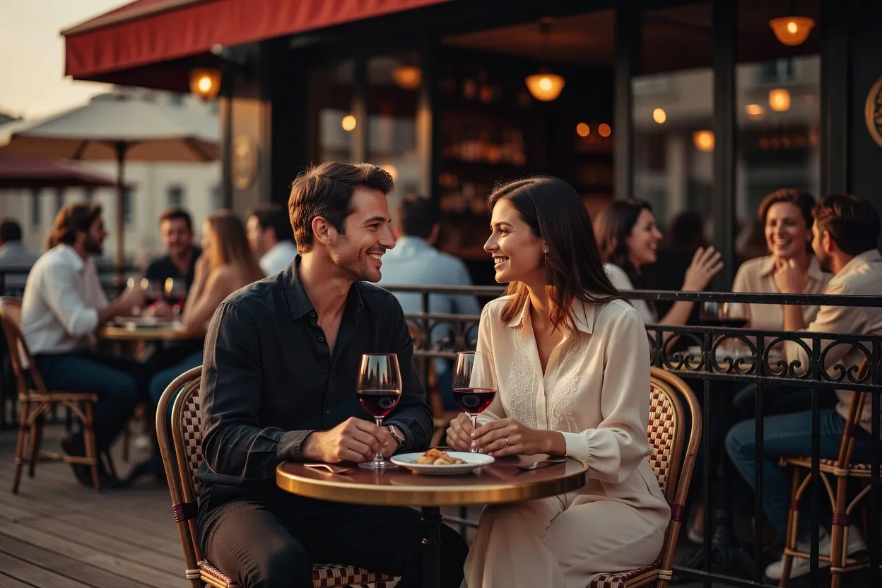 Un couple échange à une table en terrasse, avec des verres devant lui
