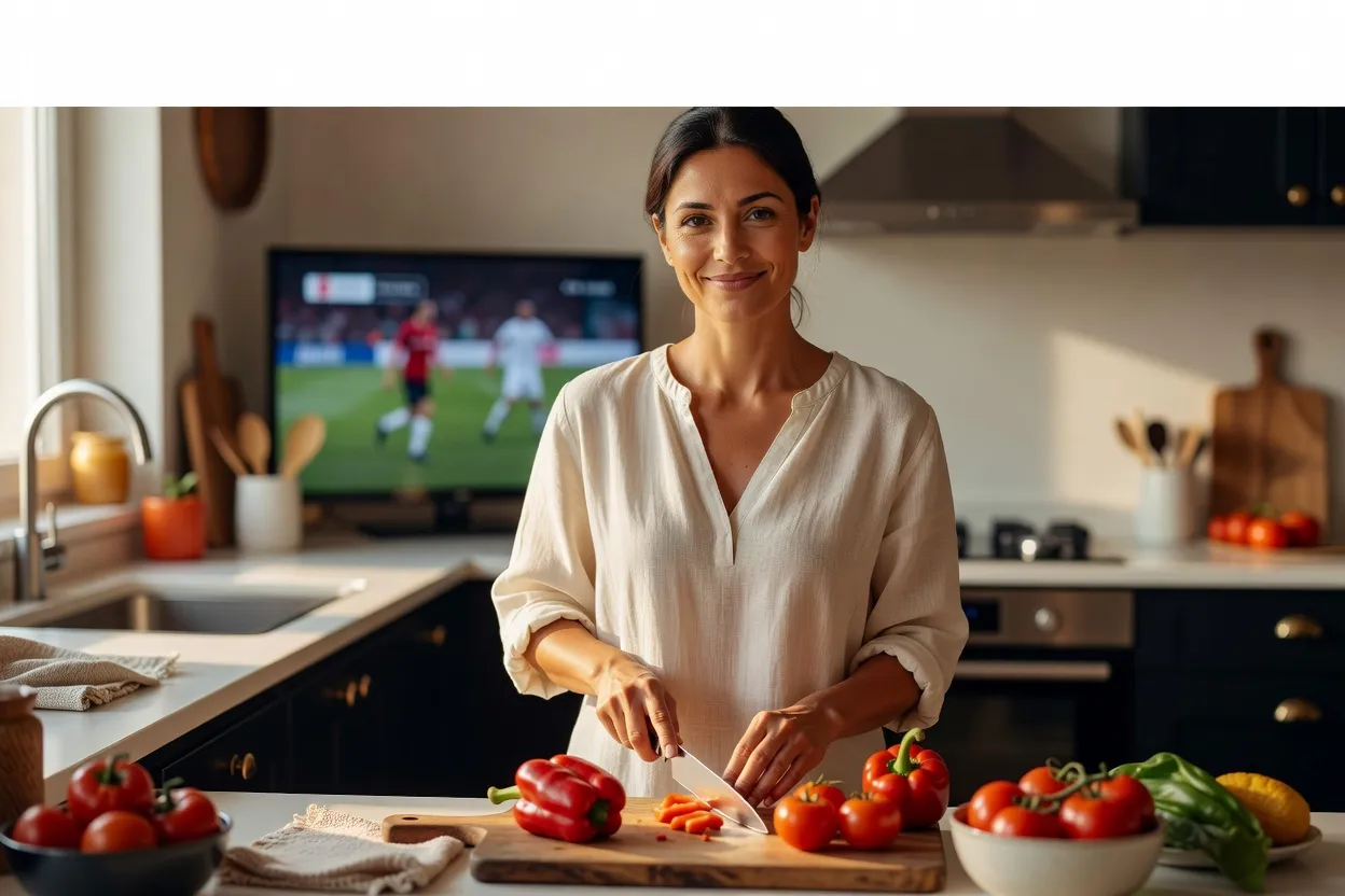 Une femme souriante prépare un repas dans une cuisine tandis qu'un match passe à la télévision.