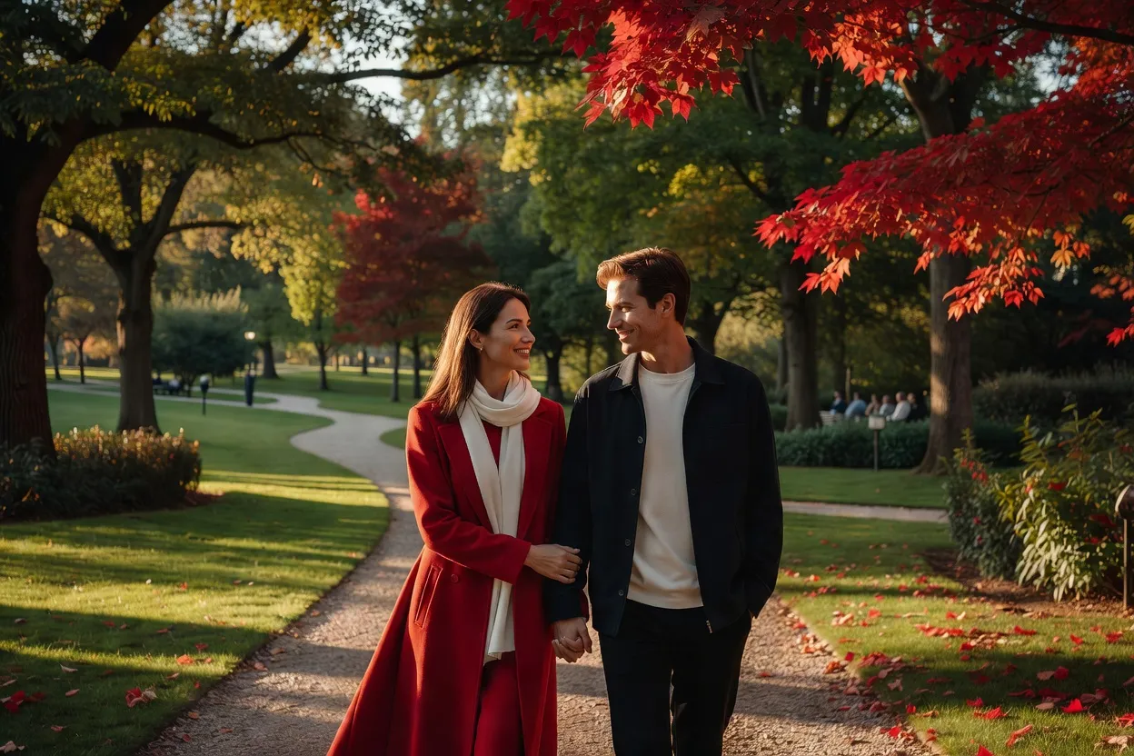 Un couple se promène main dans la main dans un parc verdoyant.