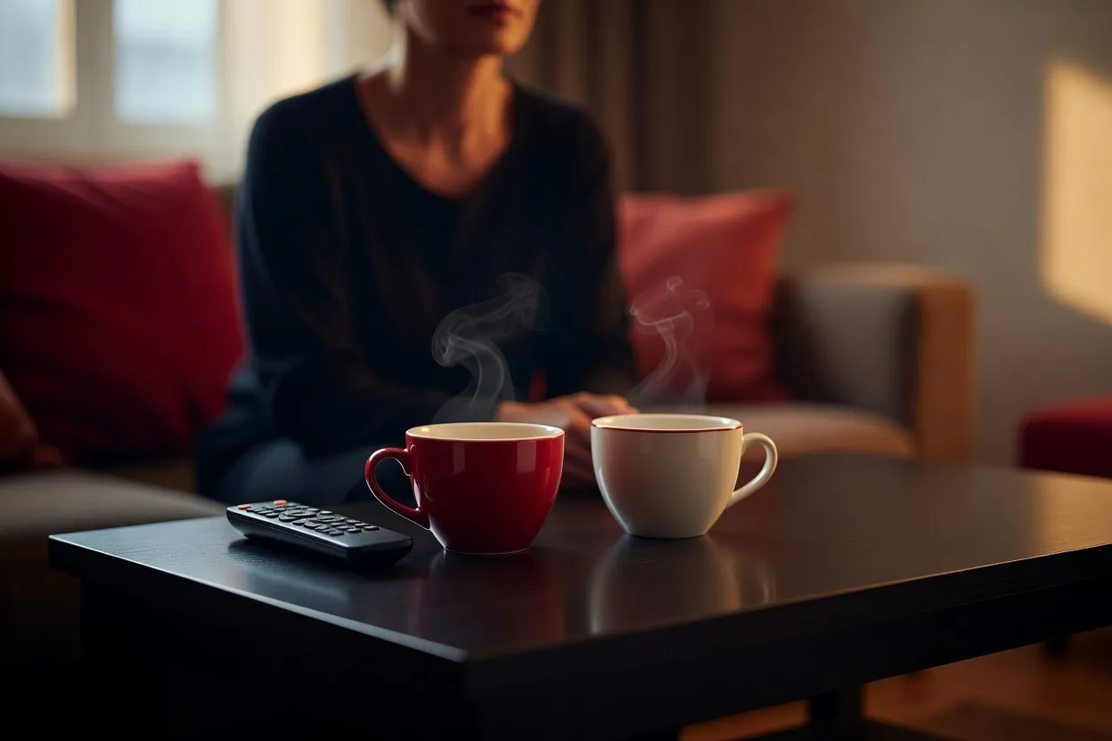 Deux tasses de café fumantes et une télécommande posées sur une table basse.