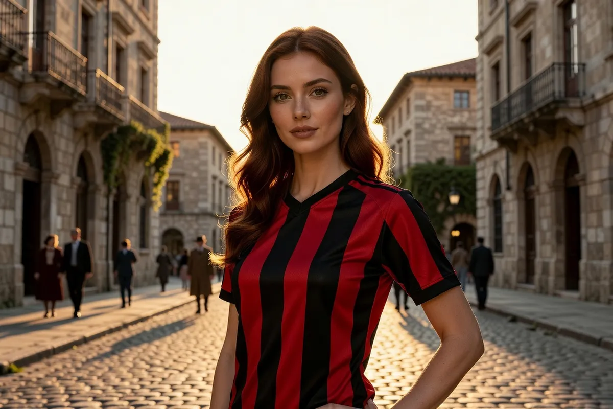 Une jeune femme porte un maillot rétro à rayures rouges et noires dans une rue pavée ancienne, lumière dorée