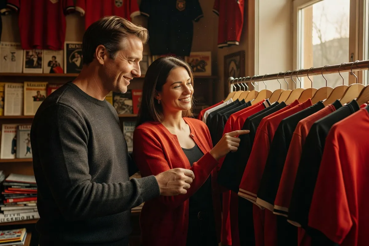 Un couple souriant examine des maillots vintage rouges et noirs suspendus dans une boutique de collectionneur