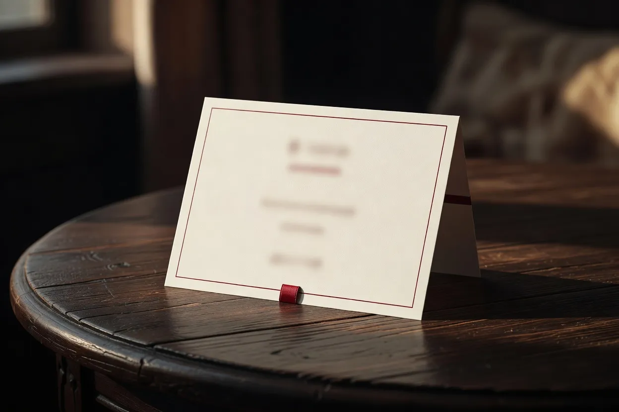 Un faire-part de mariage épuré avec une touche rouge repose sur une table en bois.