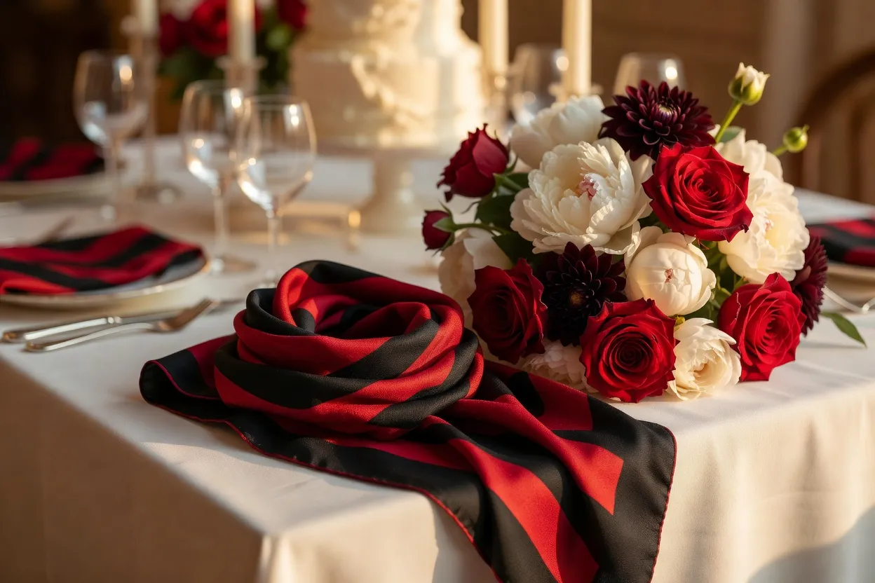 Une écharpe rouge et noire pliée près d'un bouquet de fleurs sur une table de mariage