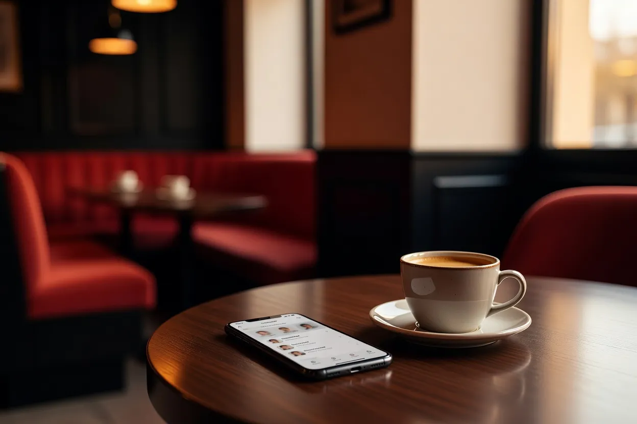 Un téléphone affichant une application de rencontre repose sur une table près d'une tasse