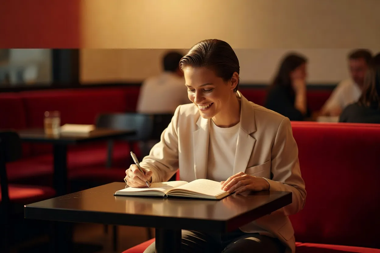 Une personne souriante écrit dans un carnet, assise à une table de café.