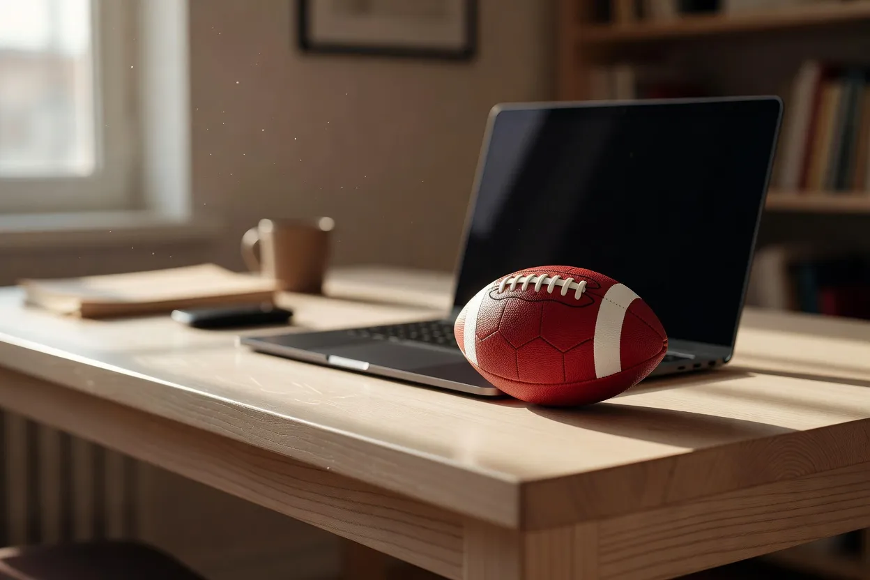 Un ballon de football miniature repose sur un bureau près d'un ordinateur portable.