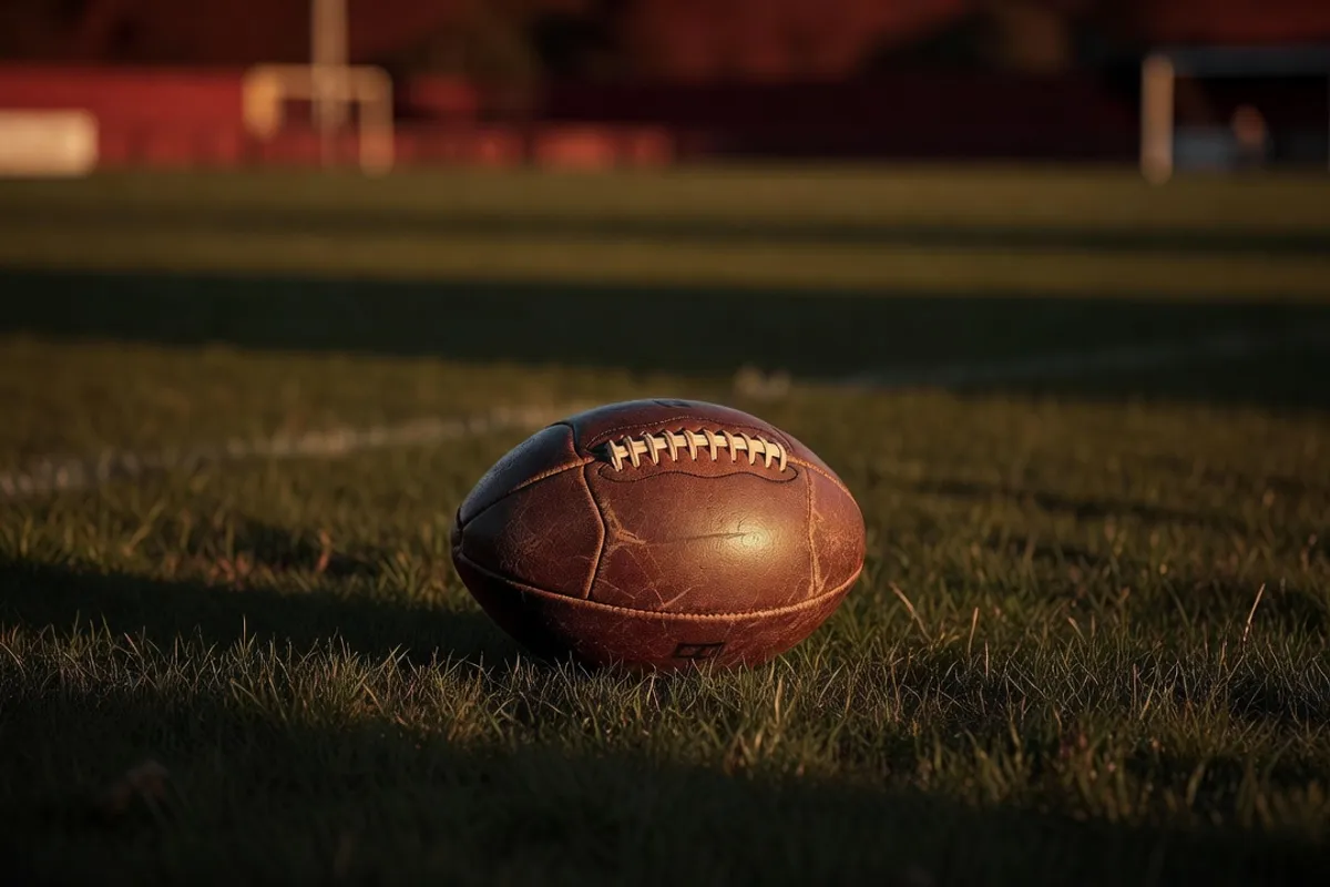 Un vieux ballon de football en cuir posé sur l'herbe d'un terrain, lumière de fin d'après-midi