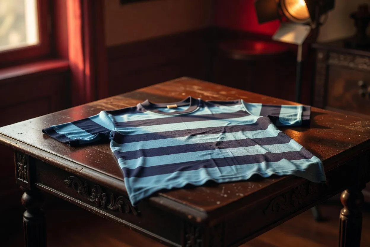 Un maillot rayé bleu ciel et marine posé sur une table ancienne, évocation du premier maillot du club avant 1904