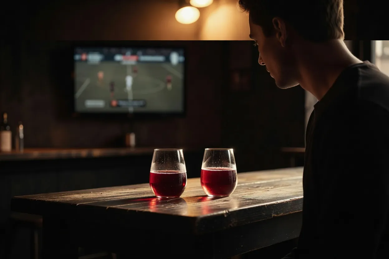 Deux verres posés sur une table de bar, avec un match diffusé en arrière-plan.