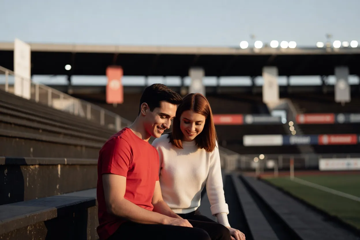Un jeune couple souriant assis côte à côte dans les gradins d'un stade.