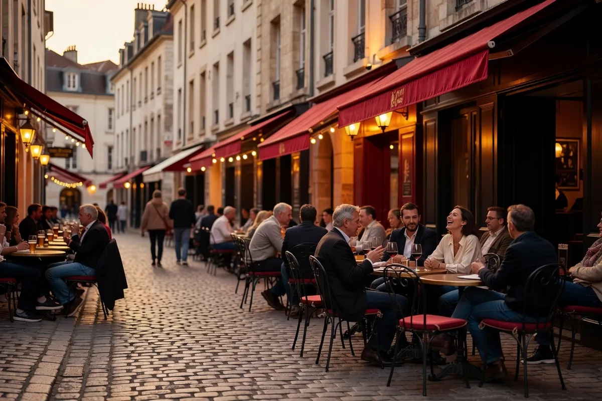 Rue pavée bordée de terrasses de bars occupées au crépuscule dans le centre de Rennes