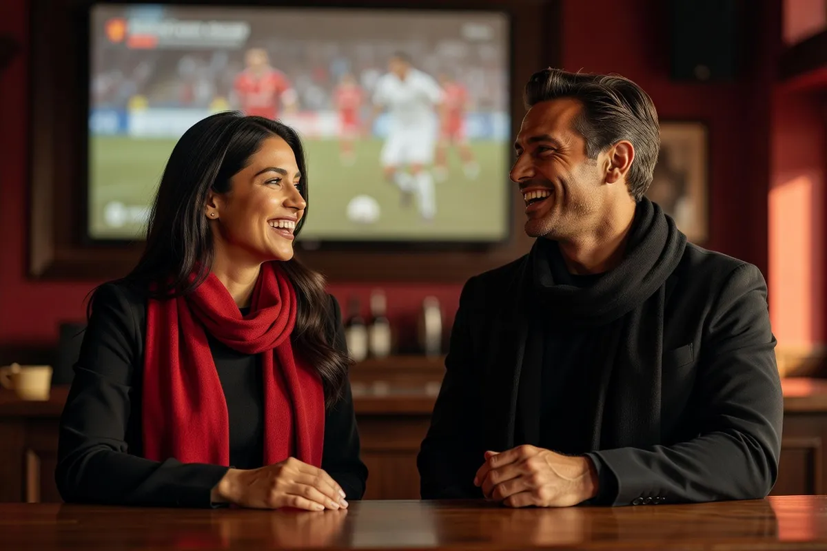 Une supportrice et un supporter rient attablés dans un bar sportif aux murs rouges, match flou sur un écran en arrière-plan