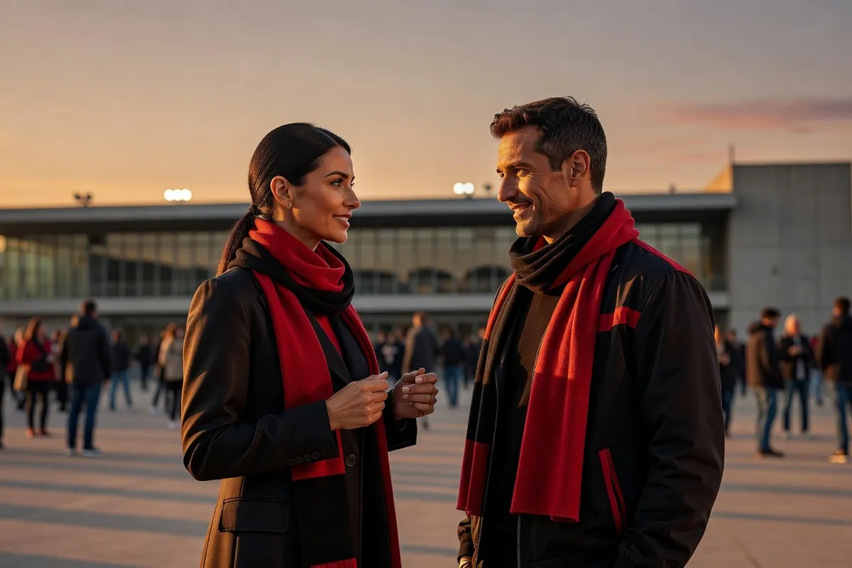 Une supportrice et un supporter discutent avec complicité sur le parvis d'un stade au crépuscule, écharpes rouge et noire