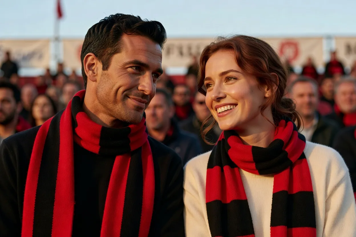 Deux supporters souriants échangent un regard complice dans une tribune, écharpes rouge et noire, ambiance chaleureuse