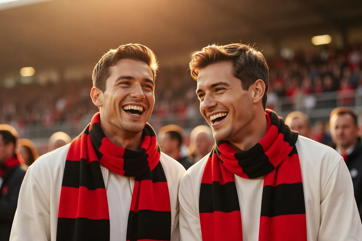Deux supporters riant ensemble en réagissant à une action de jeu, écharpes rouge et noire, ambiance spontanée et détendue