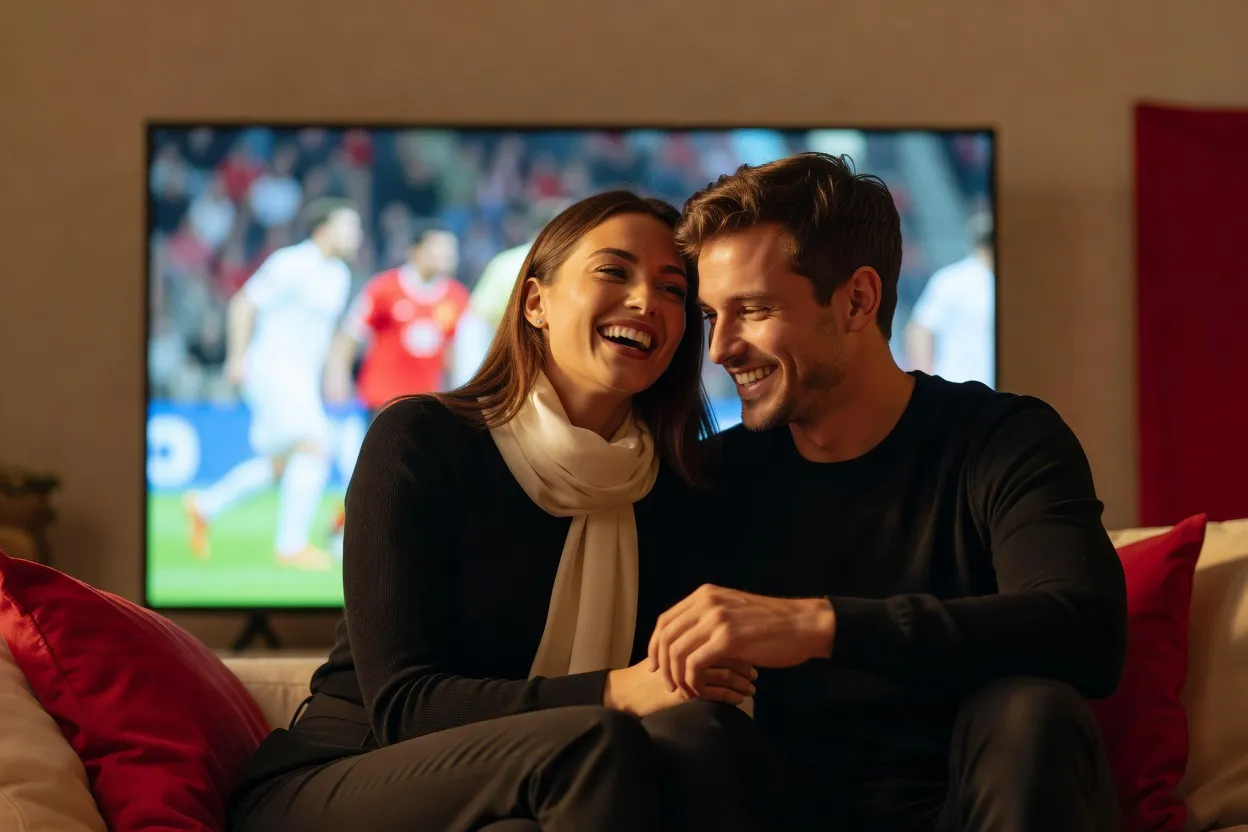 Un couple rit ensemble devant un téléviseur diffusant un match de football.