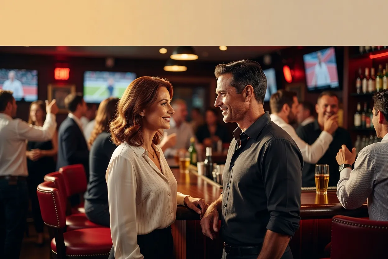 Une femme et un homme échangent un sourire complice dans un bar sportif animé