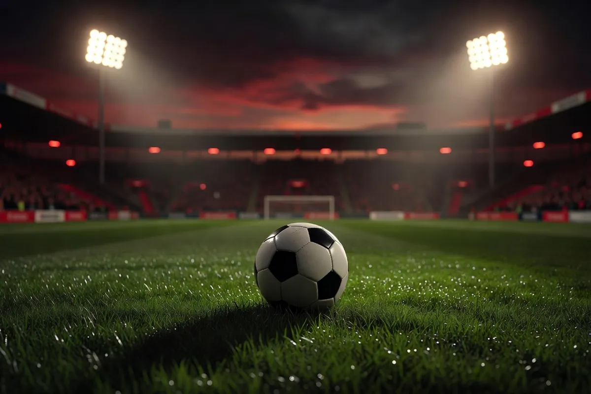 Un ballon de football sur une pelouse humide sous les projecteurs d'un stade, ambiance match nocturne