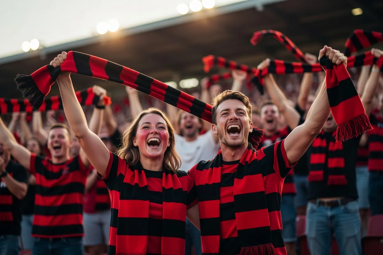 Une supportrice et un supporter célébrant un but dans une tribune, écharpes rouge et noire, ambiance de liesse