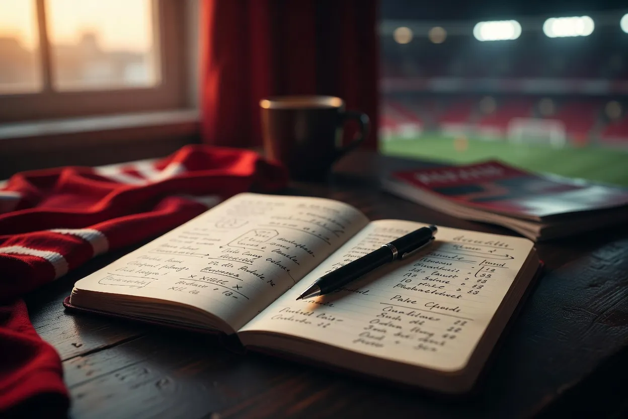 Un carnet de match ouvert avec des annotations manuscrites, stylo posé à côté, ambiance suivi de saison