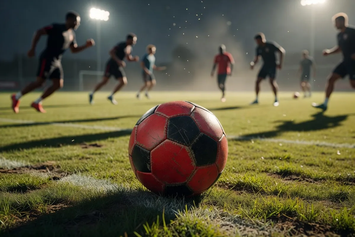 Un ballon de football usé posé sur un terrain d'entraînement en gazon, lumière matinale, ambiance formation sportive