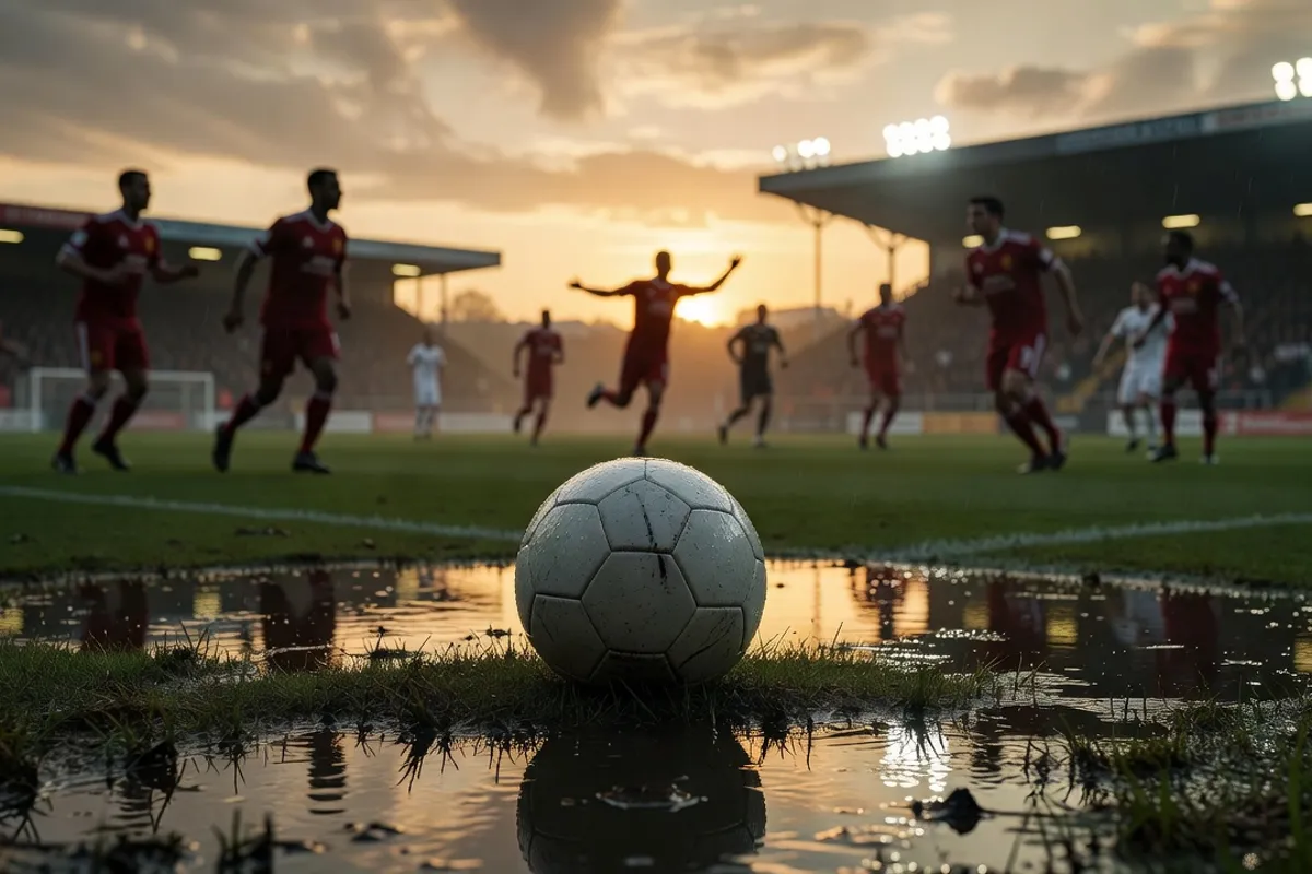 Un ballon de football posé sur une pelouse détrempée au coucher du soleil, ambiance match décisif de fin de saison