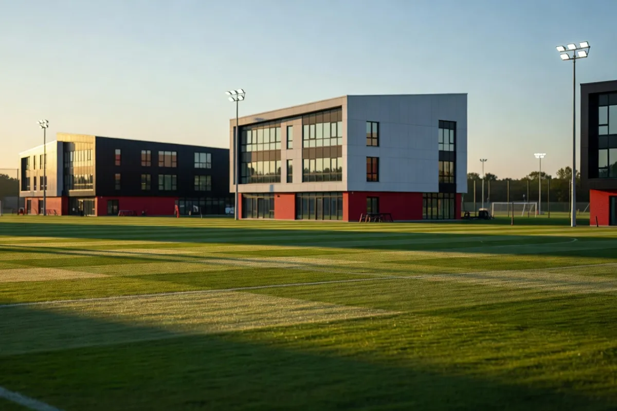 Un centre d'entraînement de football vu de loin, bâtiments modernes et terrains verts, lumière du matin